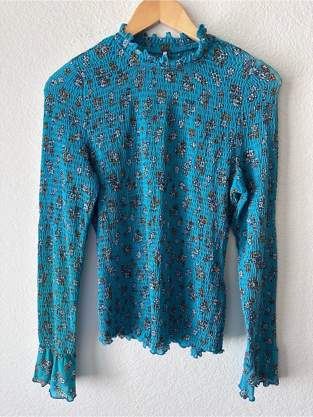Free People Smocked Floral Mesh Mock Neck Top Blue Long Sleeve Large